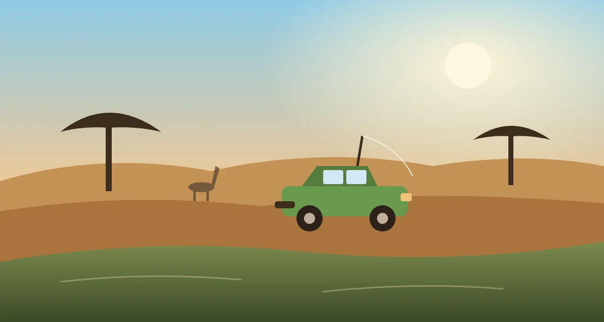 Green expedition jeep parked on a savanna riverbank under acacia trees